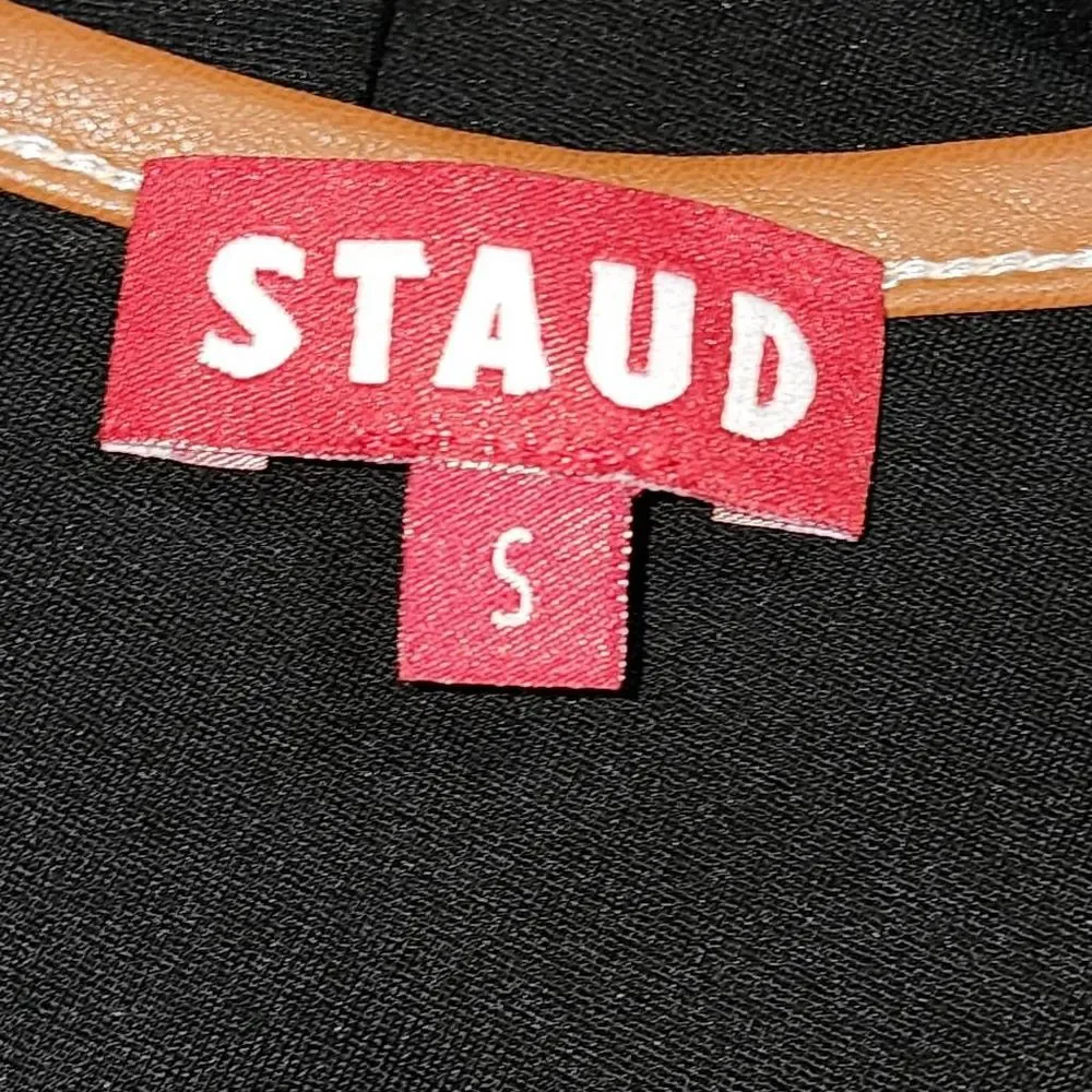 STAUD Black Long Sleeve Scoop Neck Dress with Tan Trim - Picture 5 of 6